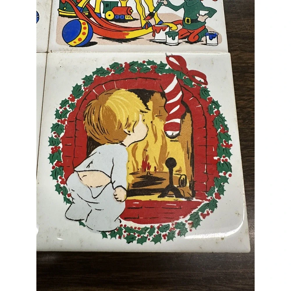 Jasco Christmas Holiday Ceramic Tile‎ Trivet-Set of 4w/Rubber Feet Vintage 1981